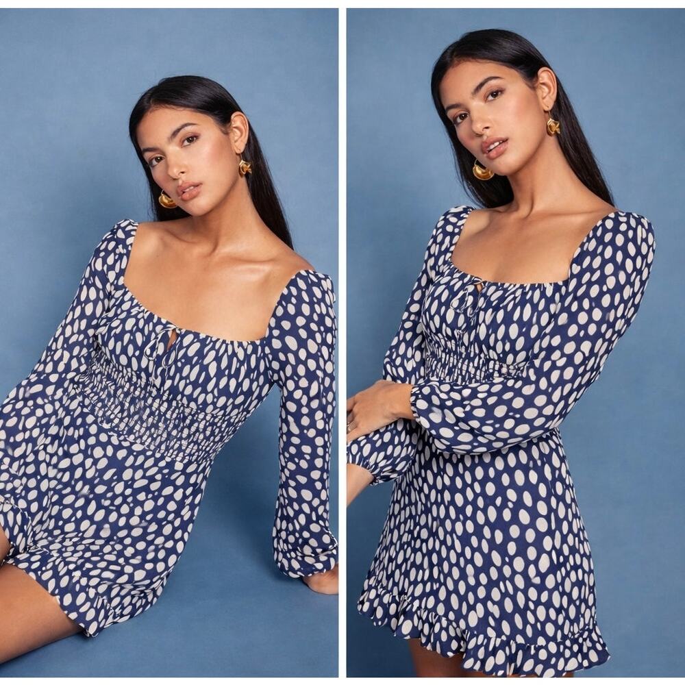 Reformation Navy Blue and White Polka Dot Mini Dress